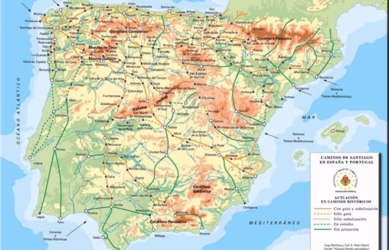 Mapa de España con la ruta del Camino de Santiago marcada