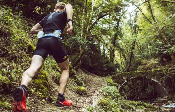 Corredor de trail running en un sendero de bosque