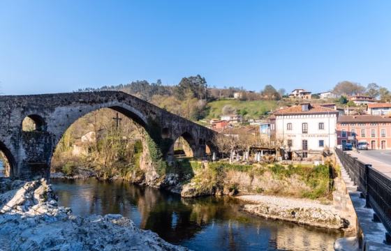 Puente de piedra sobre un río en un pueblo