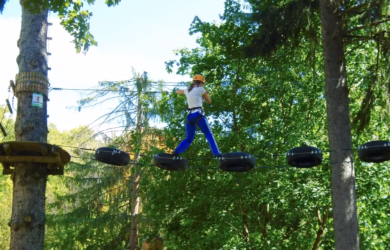 Niño cruzando una tirolina en un parque de aventura entre árboles