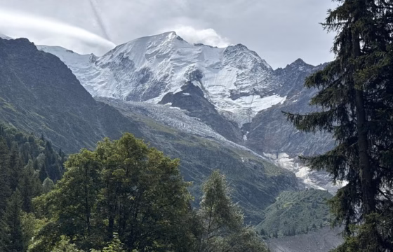 Vista del glaciar del Dome du Gouter entre pinos, con nieve y hielo cubriendo la ladera de la montana